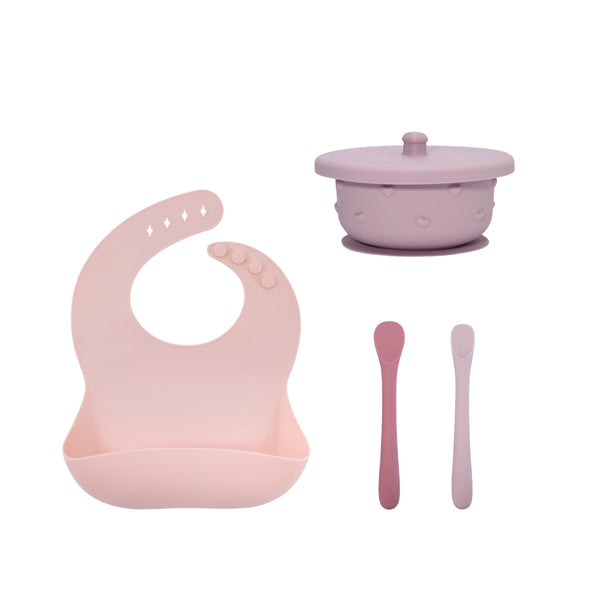 Set prima pappa (Bavaglino/Cucchiaini svezzamento/Ciotola Ina - Rosa/Tortora)