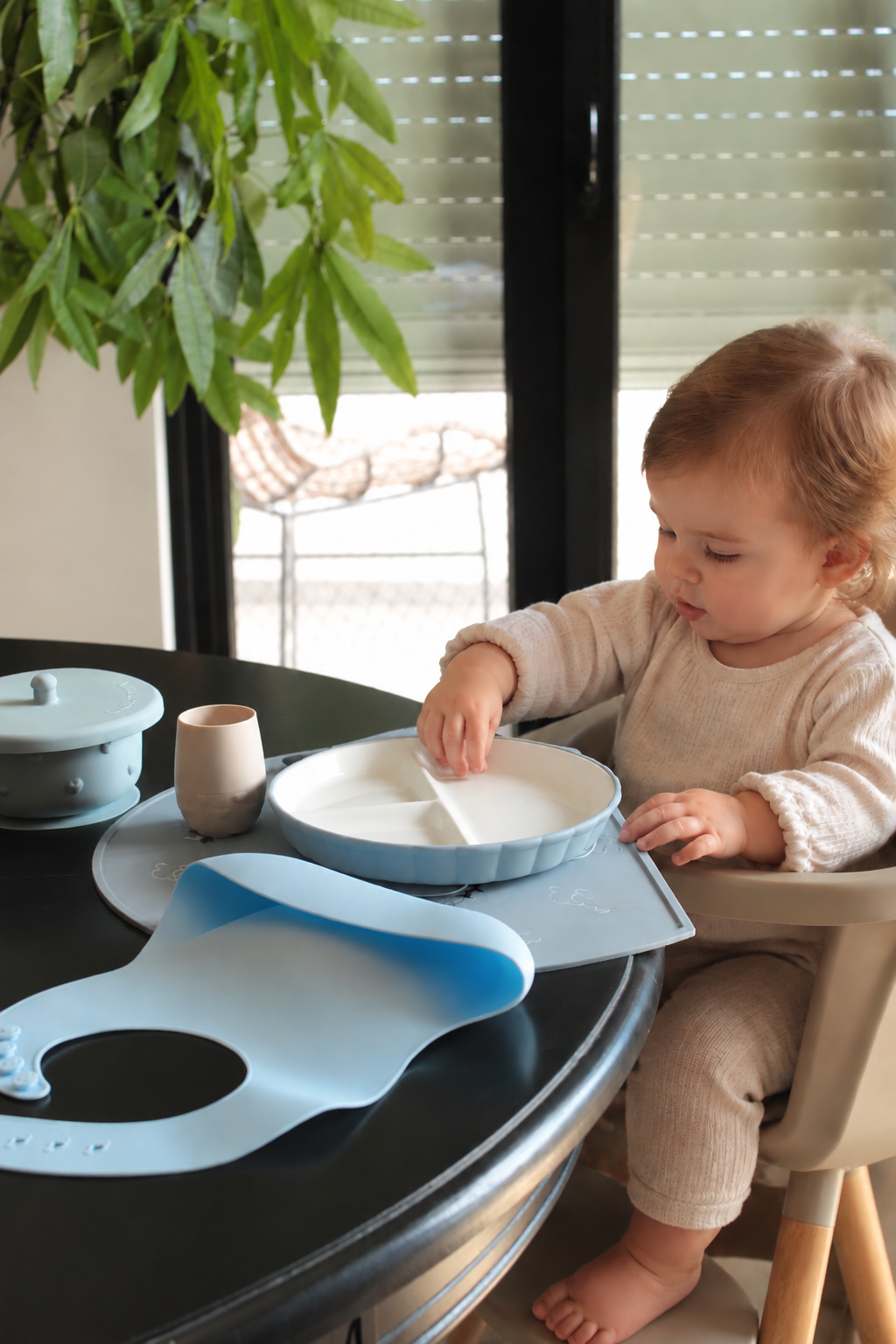 Piatto in ceramica a scomparti + base in silicone con ventosa